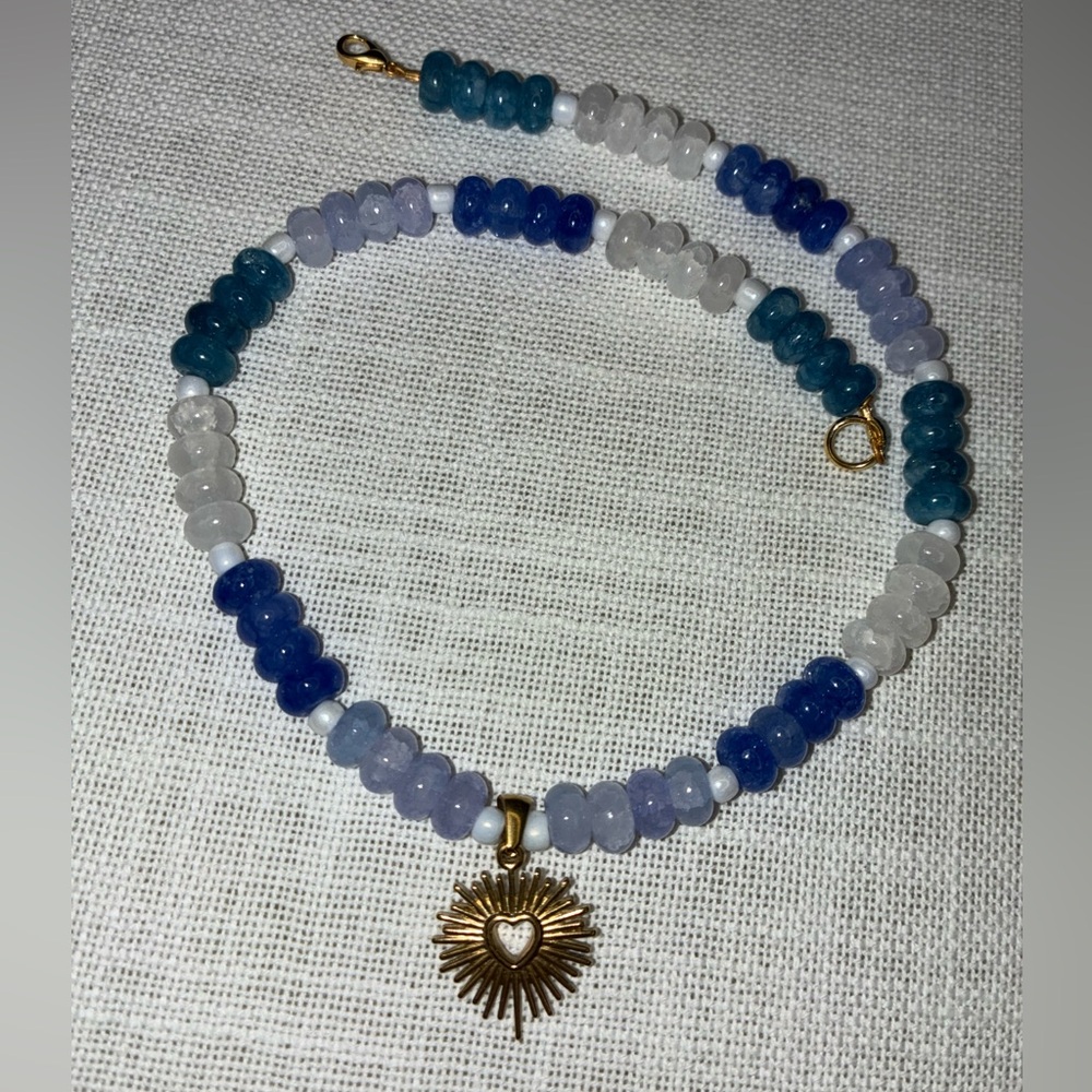 Blue and White Beaded Necklace with 18K Gold Plated Sunburst Pendant
